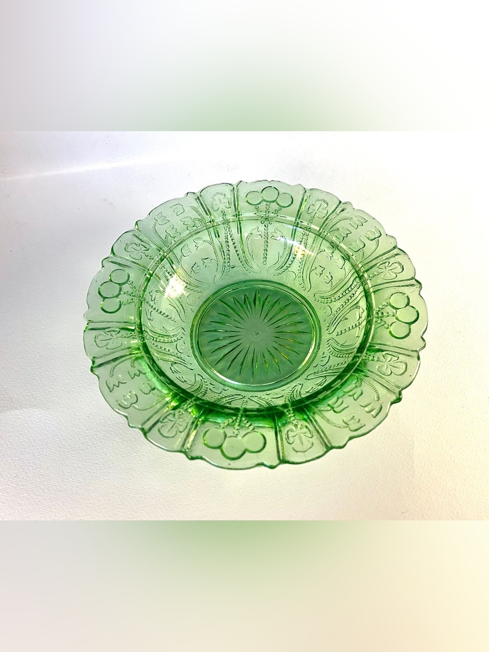 Green Uranium Glass Bowl - Antique 6” Glowing Dish Tulips & Clovers RARE Italian
